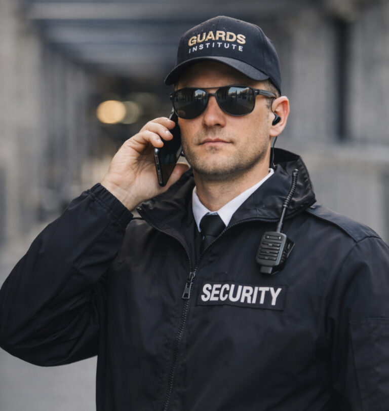Professional security officer speaking on the phone for Guards Institute contact and admissions support